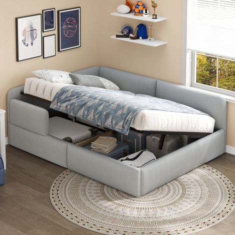140x200 cm 2 Places Lit Banquette Rembourré pour Couchage et Rangement, Velours Côtelé Gris avec Sommier 12 Lattes (1/5)