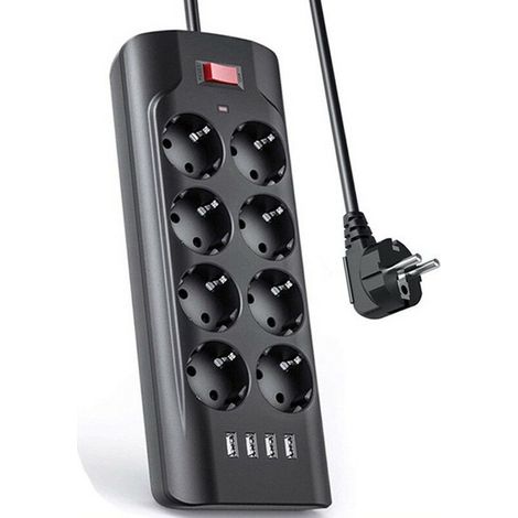 Steckdosenleiste mit 8 Steckdosen, USB-Steckdosenleiste, 2500 W/13 A, Schwarz
