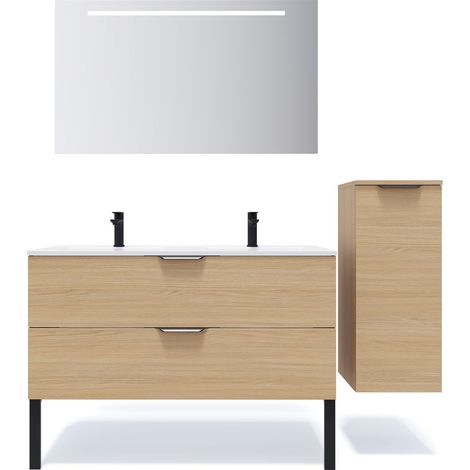 Meuble de salle de bain suspendu double vasque intégrée 120cm 2 tiroirs Chêne clair + miroir + colonne ouverture droite - Venice (1/5)