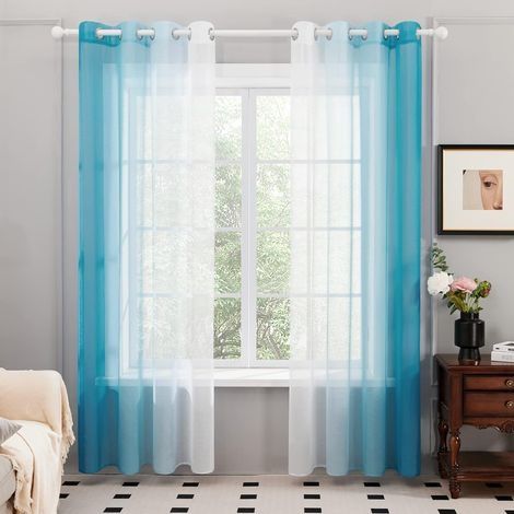 Lot de 2 Rideaux Voilages, Décoration Rideau à Oeillets, 132×213 CM, Dégradé de Couleur pour Chambre Enfant Fille Salon Maison Fenêtre Balcon, Bleu (1/5)