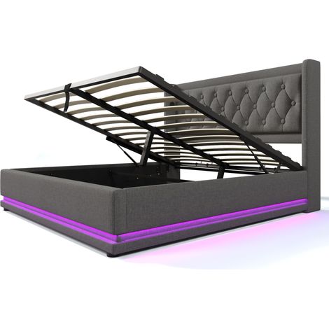 Cama canapé doble 180x200 cm gris de algodón con LED en 3 lados y USB Tipo-C (1/5)