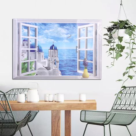Décor mural autocollant plage 3D panoramique, vue mer Égée, papier peint adhésif amovible, paysage océan, grande taille, autocollant mural (1/3)