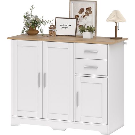 Buffet salon, meuble de rangement avec 2 tiroirs, 3 portes et étagère réglable, 100 x 40 x 78 cm, blanc et bois naturel