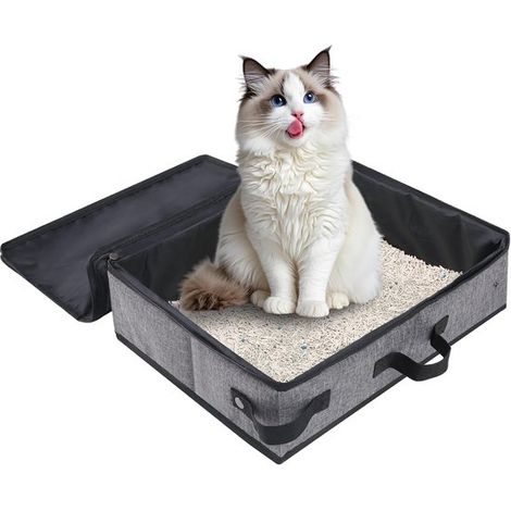 Bac à litière pliable - Bac à litière étanche - Bac à litière de voyage - Facile à transporter - Pour le camping en intérieur et en extérieur - 40 x 30 x 14 cm - Gris (1/5)