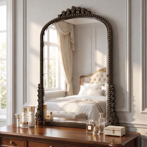 Miroir mural vintage 81 x 61 cm, miroir baroque ovale avec cadre en cuivre, miroir mural bombé haute définition, grand miroir décoratif pour salon, salle de bain, couloir (1/5)