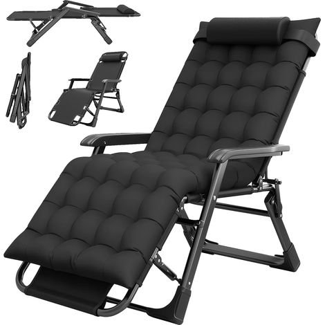 Chaise longue inclinable, coussin amovible, design pliable, noir (1/2)