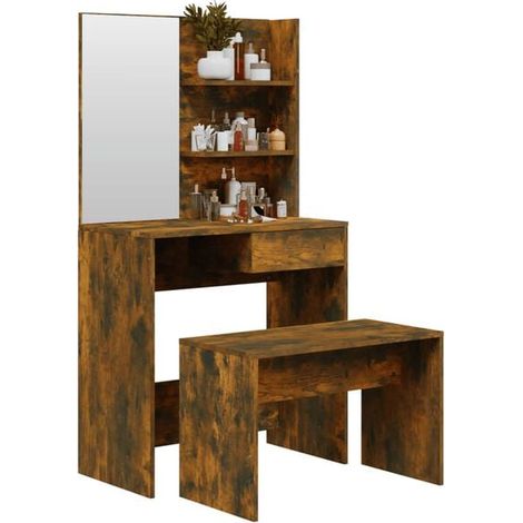 Commode Coiffeuse en Chêne Fumé avec Miroir, Meuble de Toilette 74.5x40x141 cm, Style Moderne pour Chambre (1/5)