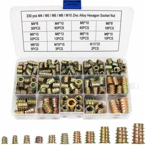 230 Pcs Écrous Hexagonaux M4 M5 M6 M8 M10 avec Inserts Filetés, Alliage de Zinc Insert Fileté Hexagonale Écrous Inserts pour Kit d'outils d'écrou pour Meubles en Bois- (1/5)