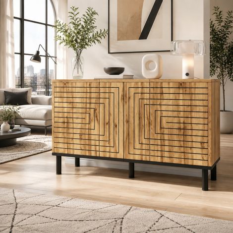TV-Möbel 120 x 35 x 68 cm, 3 Türen mit Wellenmuster, natur OKMYHOME (1/5)
