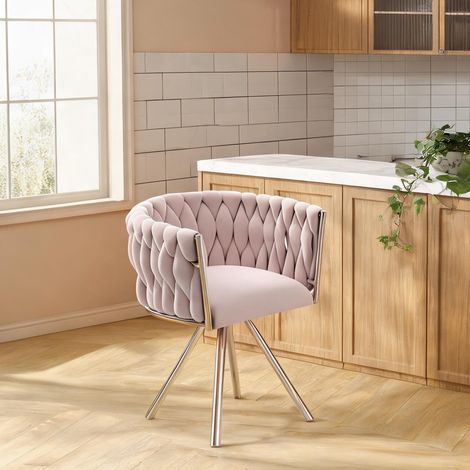 Tabouret de maquillage pivotant en velours rose avec base métal (1/5)