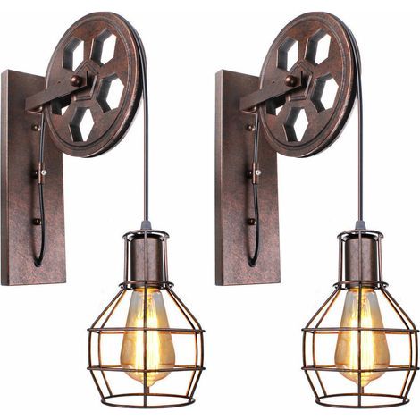 AMXCNOY Applique murale vintage rétro à poulie en métal – abat-jour en métal et poulie en bois – 2 pièces – pour ambiance industrielle (1/5)