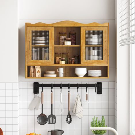 Armadio a muro 90x20x60 cm con 2 ante scorrevoli e ripiani, in legno, naturale (1/5)