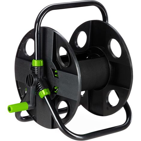 Relaxdays Dévidoir, pour 30 m de tuyau 1/2", acier, plastique, support, HxLxP : 38 x 42 x 31 cm, noir/vert (1/5)