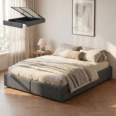 Letto contenitore 160x200 cm con rete a doghe, senza testiera e con 2 cassetti, letto matrimoniale per adulti, tessuto lino, stile scandinavo, grigio