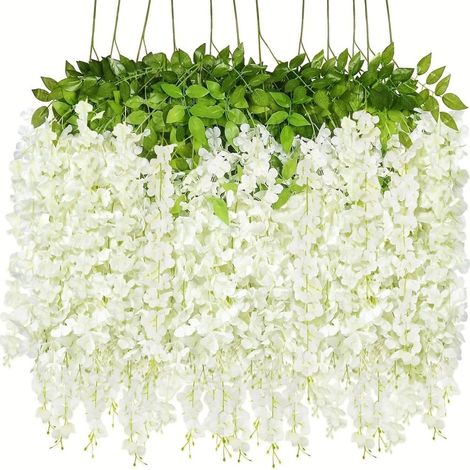Lot de 12 guirlandes de glycines artificielles en rotin à suspendre - 110 cm - Pour décoration de maison, fête, mariage - Blanc
