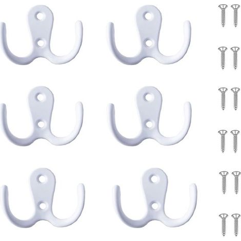 Paquete de 6 ganchos dobles de metal vintage para pared, color plata mate, con tornillos, para sombreros, ropa y toallas. (1/5)