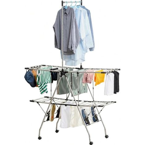 Séchoir à linge pliant sur roulettes, support de séchage mobile, étendoir polyvalent, tour à linge spacieux pour intérieur et extérieur. (1/5)