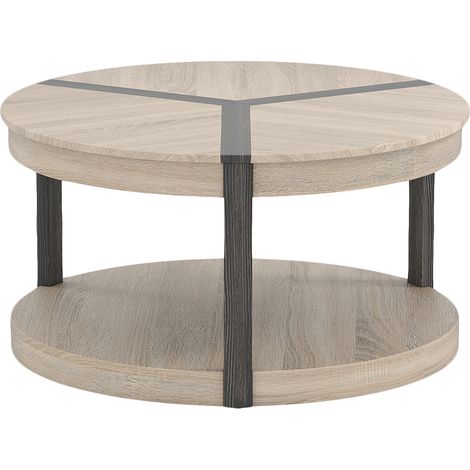 COSTWAY 2-Tier Round Coffee Table 88CM Rubber Wood Center Table w/Shelf-Oak (1/5)