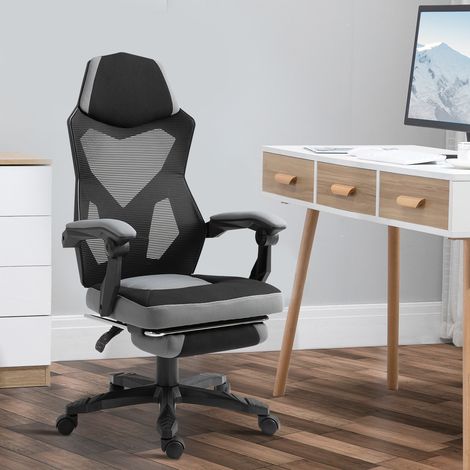 Vinsetto Bürostuhl, Gaming-Stuhl, höhenverstellbar, Rückenlehne, drehbare Rollen, Fußstütze, Netzgewebe, 58 x 63 x 112–122 cm (L x B x H), Grau/Schwarz