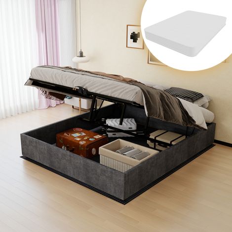 Cadre de lit 160x200 cm gris, velours hollandais, avec vérin, sans tête de lit, avec matelas inclus (1/5)