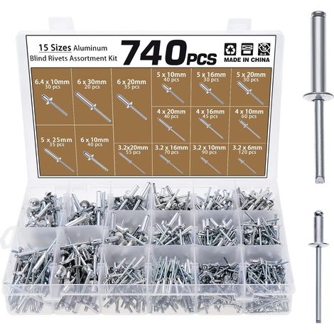 Lot de 740 rivets aveugles 15 tailles 6,4 mm/6 mm/5 mm/4 mm/3,2 mm en aluminium à tête bombée auto-enfichable pour décoration de clous (1/5)