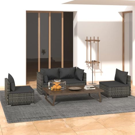 4 pcs Salon de jardin, Ensemble table et chaises de jardin, Meuble de jardin avec coussins Résine tressée Gris MKW592703 (1/5)
