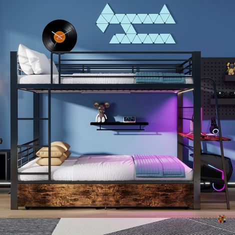 Sofá cama de 140x200 cm con estructura metálica, cama alta con escritorio y 2 cajones, tira LED sincronizada con la música, enchufe, barandilla y escalera, capacidad de carga 250 kg, color negro. (1/5)