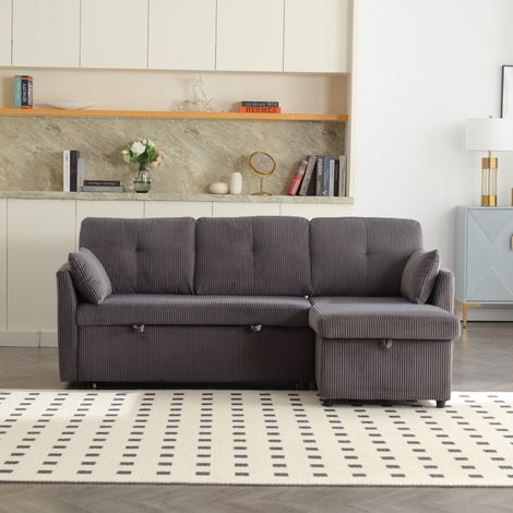 Schlafsofa 206/108/66 cm in Dunkelgrau aus Cord mit Stauraum und variabler Recamiere (1/5)
