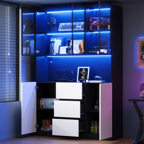 Vitrine lumineuse LED 120×40×200 cm – Meuble en verre sécurisé avec étagères ouvertes, trois tiroirs et deux battants. Élégant et fonctionnel pour séjour ou salle à manger. (1/5)