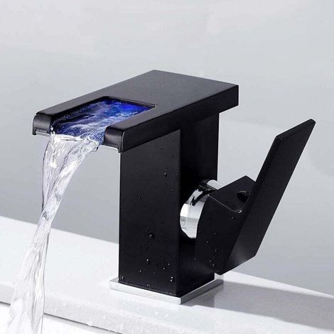 Robinet Cascade LED Éclairé Qualité Supérieure pour Éviers Eau Chaude Froide Noir - (1/4)