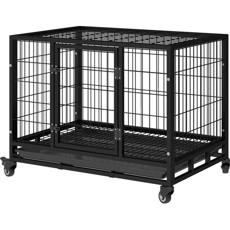 Cage métallique pour chien avec roulettes et freins, plateau amovible et porte à loquet pour Golden Retriever et Labrador, 92 x 62 x 75 cm, noire (1/5)