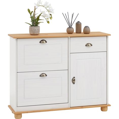 Idimex – Meuble à chaussures en pin massif blanc et brun – 12 paires – 1 tiroir et 1 placard avec étagère réglable – Dimensions 85 x 106 x 32 cm (1/4)