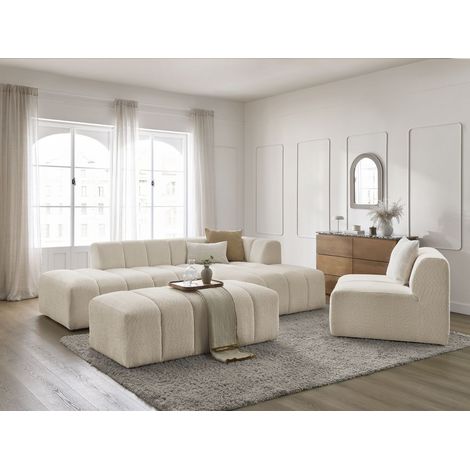BOBOCHIC - Canapé d'angle fixe modulable ANNECY tissu bouclette avec 1 chauffeuse 1 place et 1 pouf Angle droit Beige (1/5)