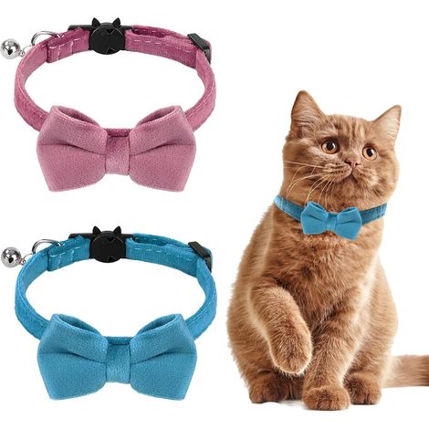 Lot de 2 Colliers en Velours pour Chat avec Clochette et nœud Papillon, Colliers réglables pour Chat, Chaton, Petit Chiot, nœud Papillon de sécurité, Couleur Unie, pour Mariage (1/5)