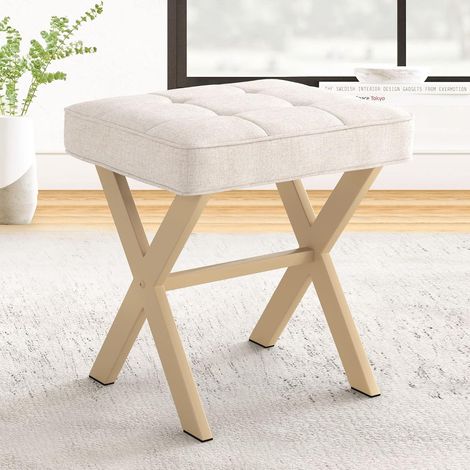 Petit Foot Tabouret,Ottoman de Salon,Petit Vanity Tabouret avec Pieds en métal X,Tabourets de Siège en Lin pour Chambre à Coucher,Salon,43 x 33 x 46 cm,Lin-Sable (1/5)