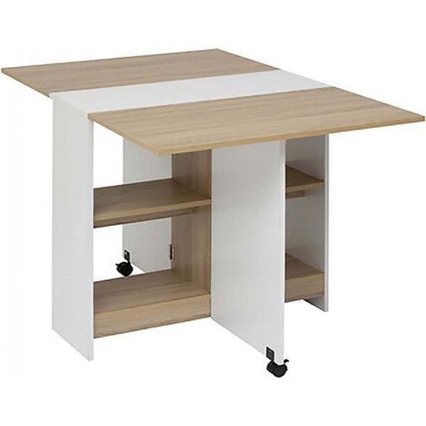 Table à manger pliante multifonctions avec roulettes et étagères de rangement, coloris chêne/blanc - Longueur 120,5 x Profondeur 80 x Hauteur 75 cm (1/5)