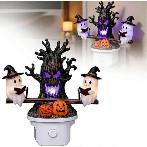 Veilleuse LED fantôme à bascule animée lampe 3D à brancher motif arbre et citrouille effrayants décoration Halloween noire