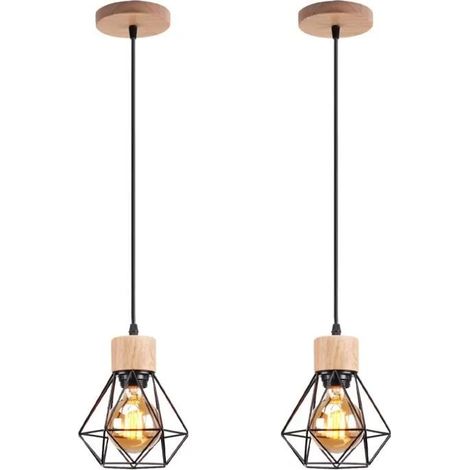 U-Do 2Pcs Lustre Intérieur design Créatif Suspension Cage en Métal Bois Noir E27 Lampe de Plafonde Luminaire Industriel pour Salon (1/4)