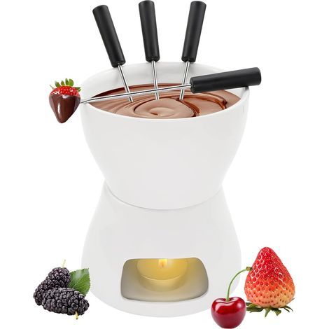 Mug Fondue au Chocolat Kit, Céramique Fondue Chocolat avec 4 Fourchettes et 1 Bougie, Tasse Fondue Chocolats pour Maison, Restaurant et Café, Blanc