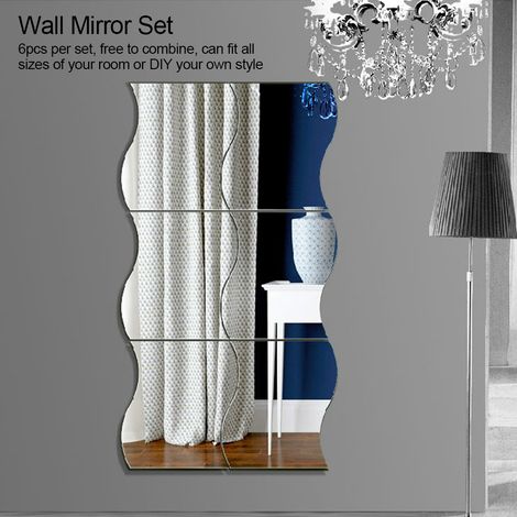 Lot de 6 stickers muraux miroir en forme de vagues, à combiner librement pour la décoration de la salle de bain. (1/5)