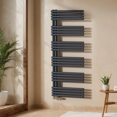 EMKE Handtuchheizkörper 153 × 60 cm mit Seitenanschluss Anthrazit Badheizkörper Handtuchhalter Handtuchwärmer 1075W