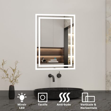 Miroir de salle de bain led tactile, 70cm x 50cm rectangulaire illumination LED intégrée avec fonction anti-buée Horizontal/Vertical Blanc froid