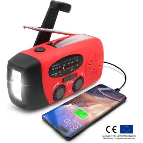 Radio à manivelle solaire avec lampe torche, batterie externe, chargeur USB, appareil portable d'urgence, kit 2-en-1, noir, camping, survie, écologique, sans piles (1/5)