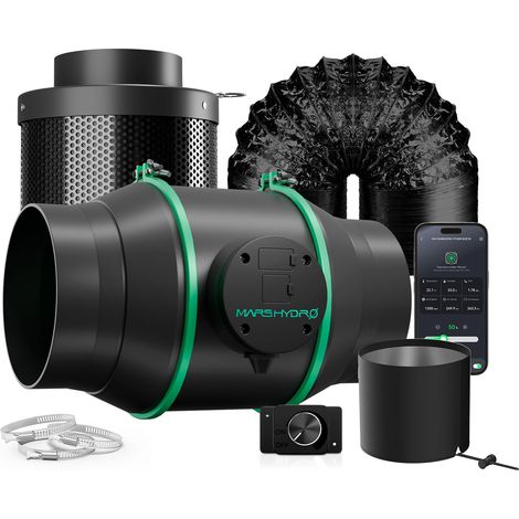 Mars Hydro iFresh 6″ (150 mm) Inline-Rohrventilator und nachfüllbarer Aktivkohlefilter-Kombination mit Drehzahlregler