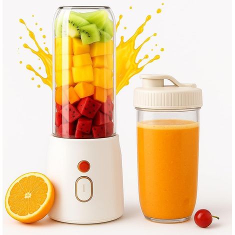 Portable 500ml Mini Juice Blender, Fruit Mixer Juicer, Rechargeable Personal Smoothie Maker with 6 Blades for Shakes & Travel Cup with Extra Cup (White) (1/5)