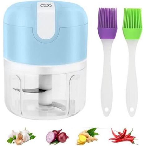 Picadora eléctrica，Picadora eléctrica con 3 cuchillas afiladas，Picadora de alimentos recargable，Cortadora de verduras，Blanco/Azul (1/5)