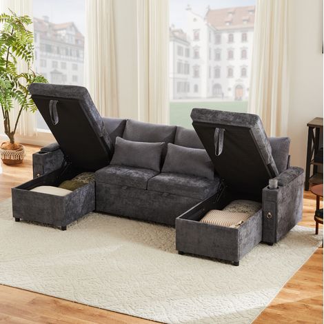 U-förmiges Schlafsofa 272x131x84 cm grau aus Chenille und Cord mit Stauraum und Getränkehaltern (1/5)