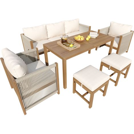 Set Jardin 7 Places Beige – 1 Canapé 3 Places + 2 Fauteuils + 2 Tabourets + Table Acacia Massif, Cadre Bois, Tressé PE