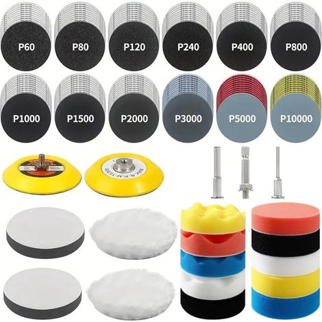 Lot de 200 disques abrasifs de 50 mm - Kit de papier abrasif pour phares - Tampons abrasifs secs et humides et tampon de polissage avec grain 60-10000 - Pour visseuse sans fil - Accessoires (1/5)