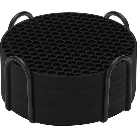 Sous-Verre En Silicone - 8 Pièces - Support Métallique Inclus - Résistant À La Chaleur Jusqu'à 230 °C - Antidérapant - Pour Boissons Chaudes Ou Froides - Noir (1/5)